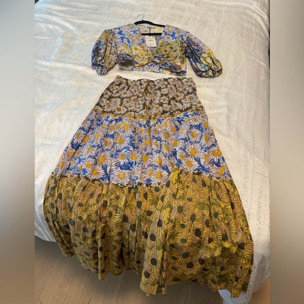 Zara Daisy Tiered Maxi Skirt - Yellow, Blue & Green